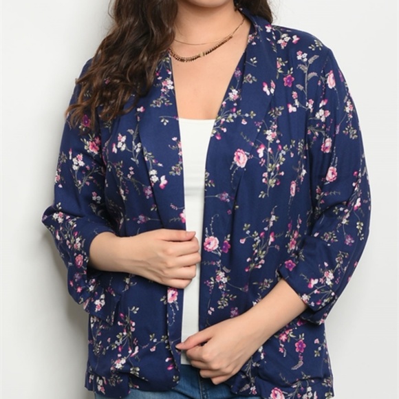NAVY FLORAL PLUS SIZE BLAZER - Picture 3 of 4